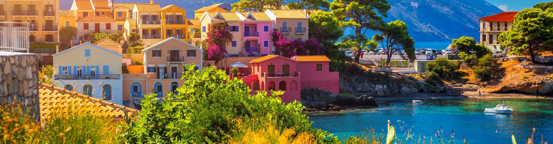 Kefalonia night skyline with parked cars
