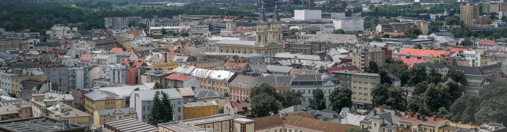 Night skyline of Ostrava with parked cars